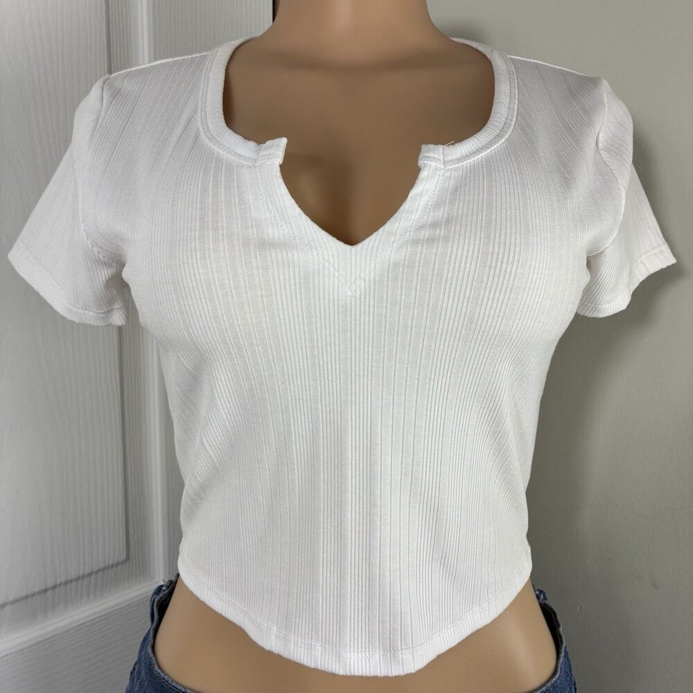 Bozzolo Womens Top Sz L Waffle Crew T-shirt Crewneck V Neck Henley White Cropped